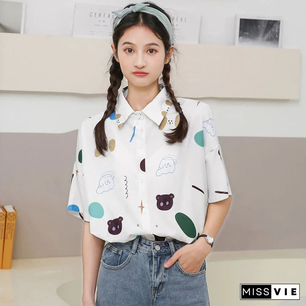 Cartoon Bear Print Lapel Casual T-Shirt