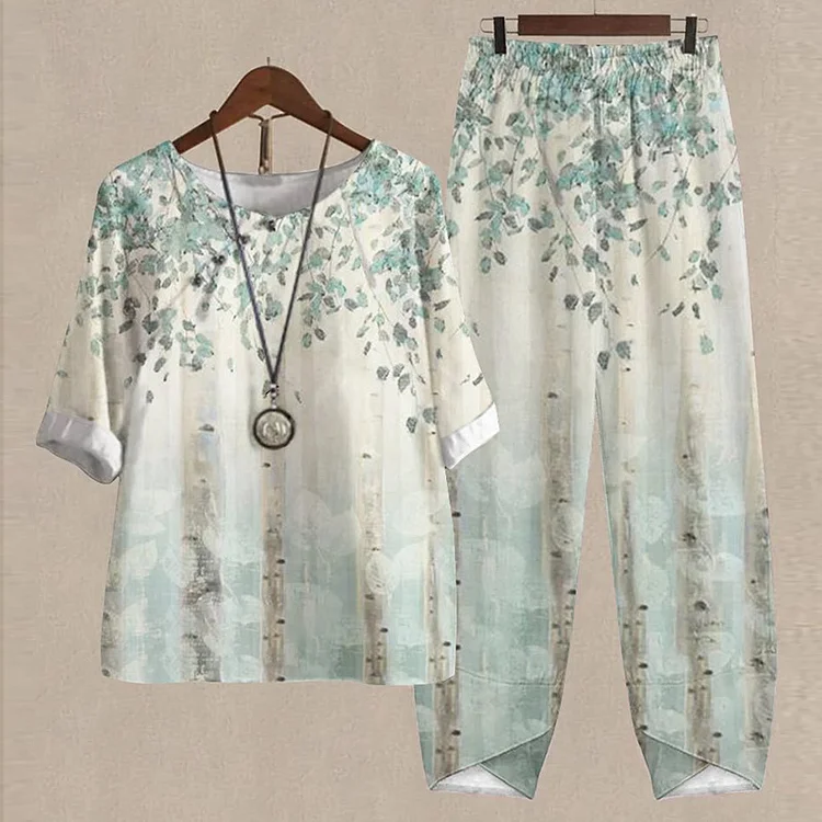 VChics Loose Floral Print Crewneck T-Shirt Two-Piece Set