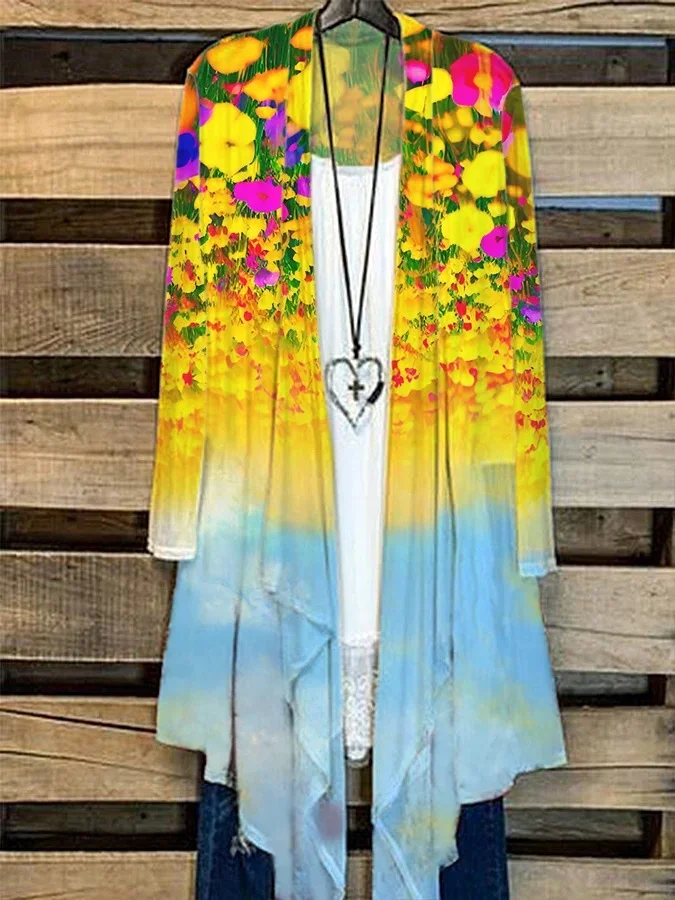 Women's Spring Summer Oil Painting Flower Loose Shawl Cardigan