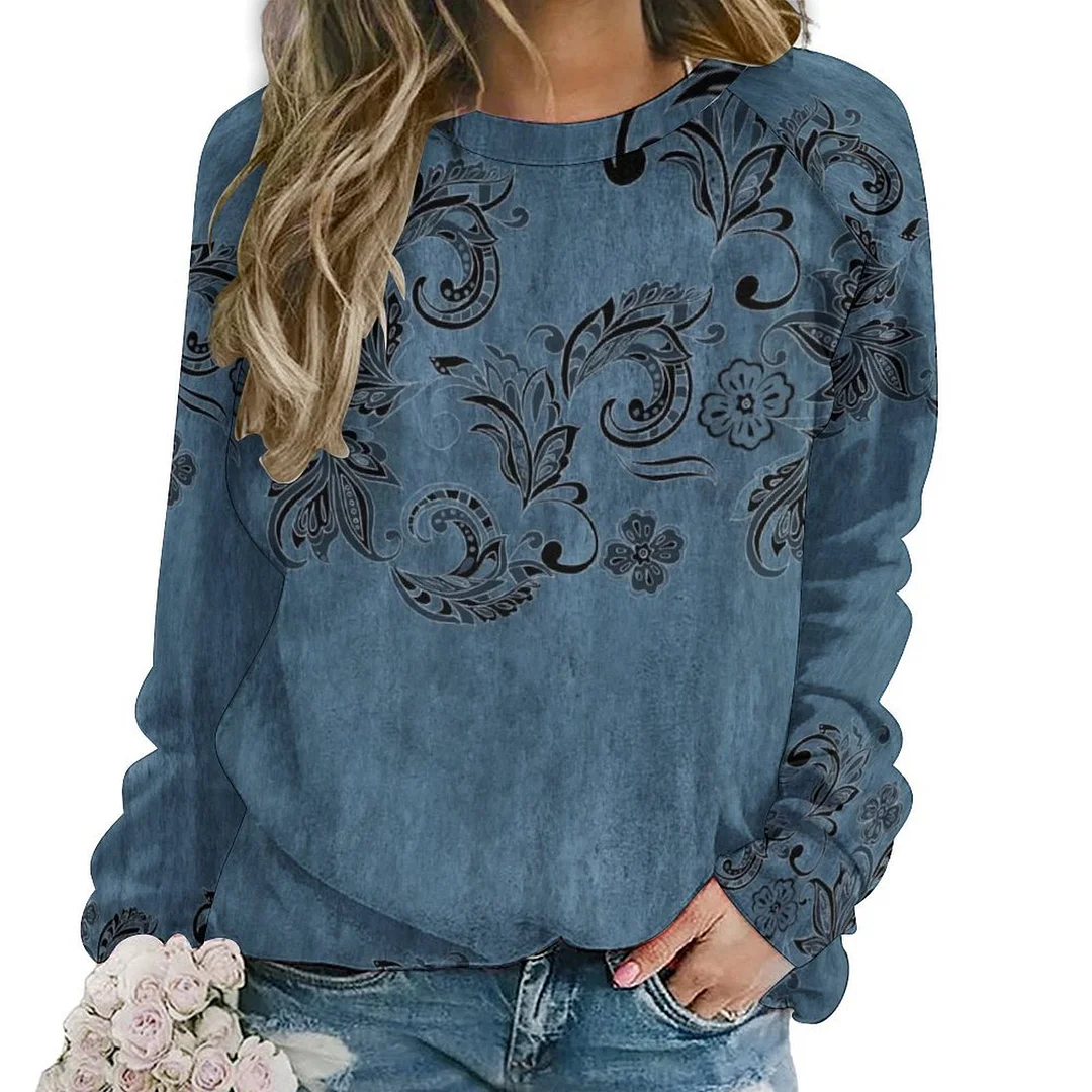 Printed Long Sleeve Casual Sweatshirt for  Women and Men Unisex Pattern Floral, Blue