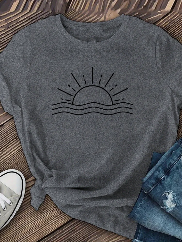 Women's Casual Short Sleeve Crew Neck T-Shirt - Minimalist Sun Graphic Print, Soft Stretch Fabric, Regular Fit, Machine Washable, Available In Multiple Colors For Spring Summer Fall, Ladies T Shirt