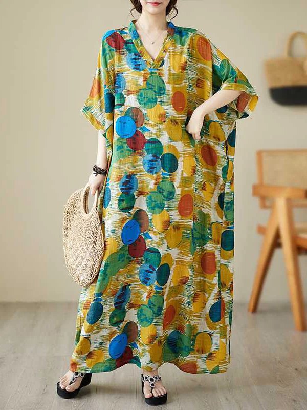 Polka-Dot Contrast Color Loose Half Sleeves V-Neck Maxi Dresses