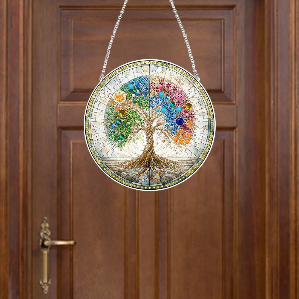 DIY Tree Stained Glass Acrylic Diamond Painting Hanging Pendant for Home Wall Decor