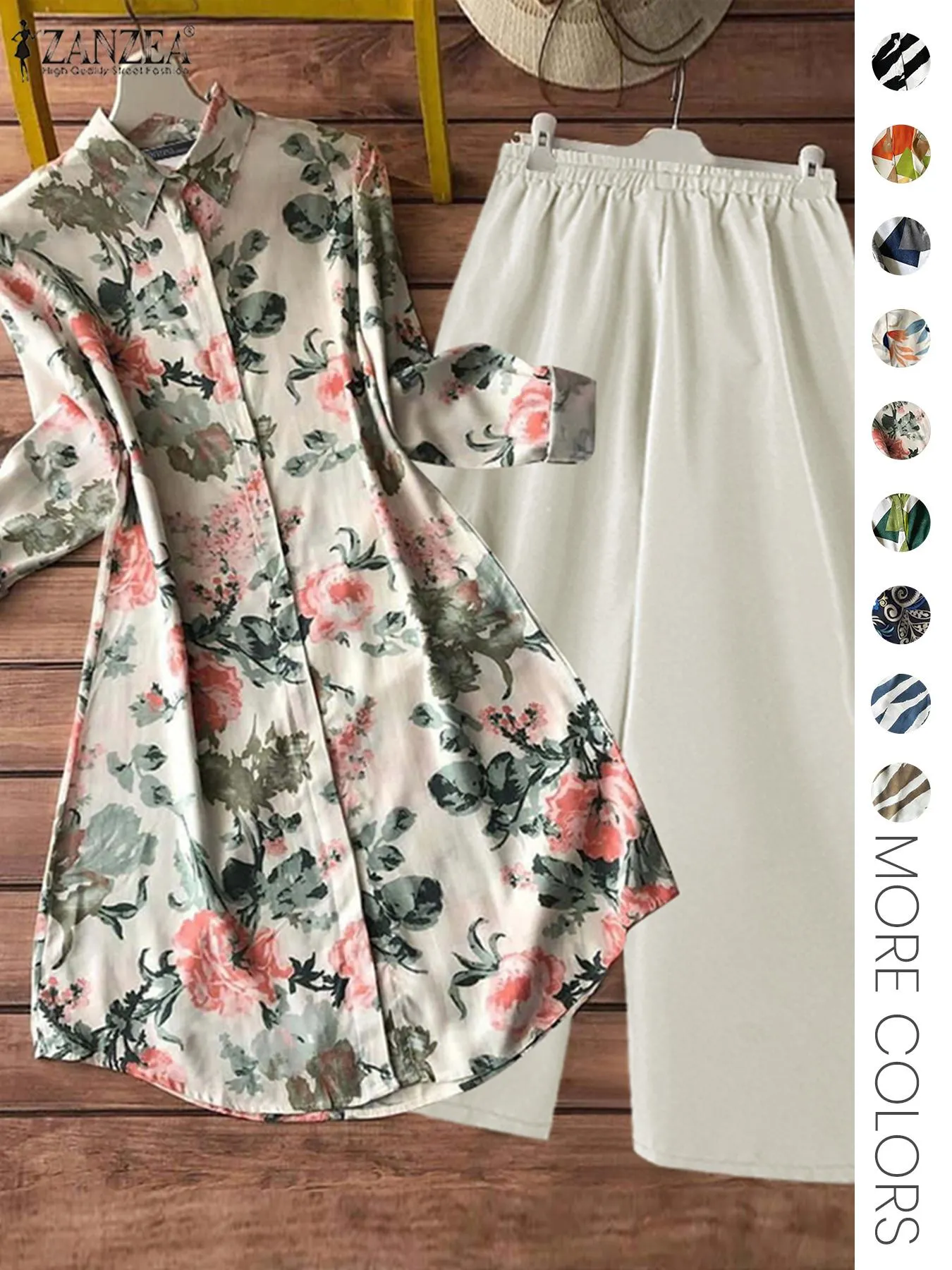 Two-piece Women's All-Over Print Button Shirt & Wide Leg Pants Set, Casual Long Sleeve Collared Top & Trousers for Daily Wear, Ladies Clothes for All Seasons