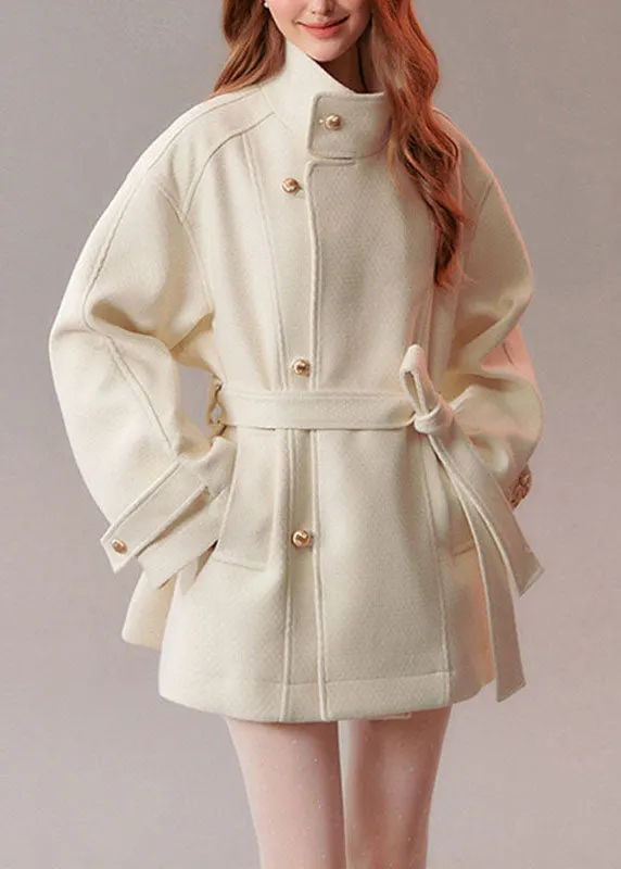 Modern Beige Tie Waist Pockets Solid Woolen Coat Fall