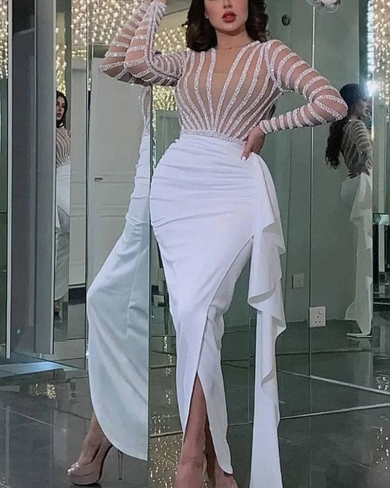 Billlnai  Graduation Gift Billlnai 2023 Women Dress Sleeveless Solid Sequin O Neck Asymmetrical High Street Dance Wedding Prom Party Night White Long Dresses