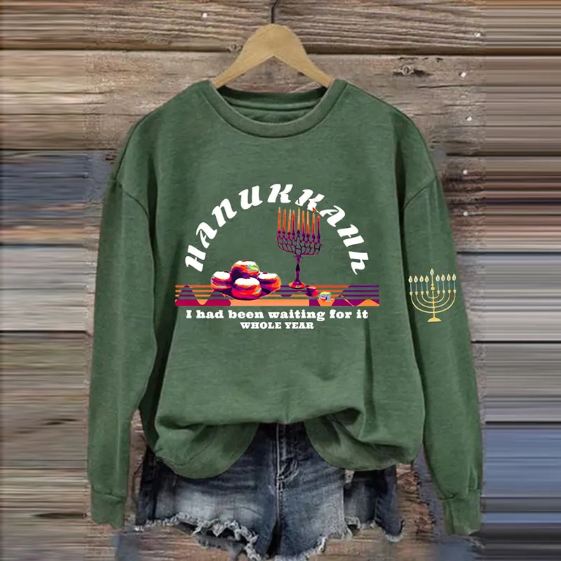 Women's Hanukkah Print Crew Neck Casual Sweatshirt