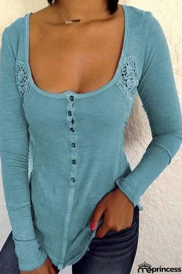 Button Long Sleeve U Neck T Shirt