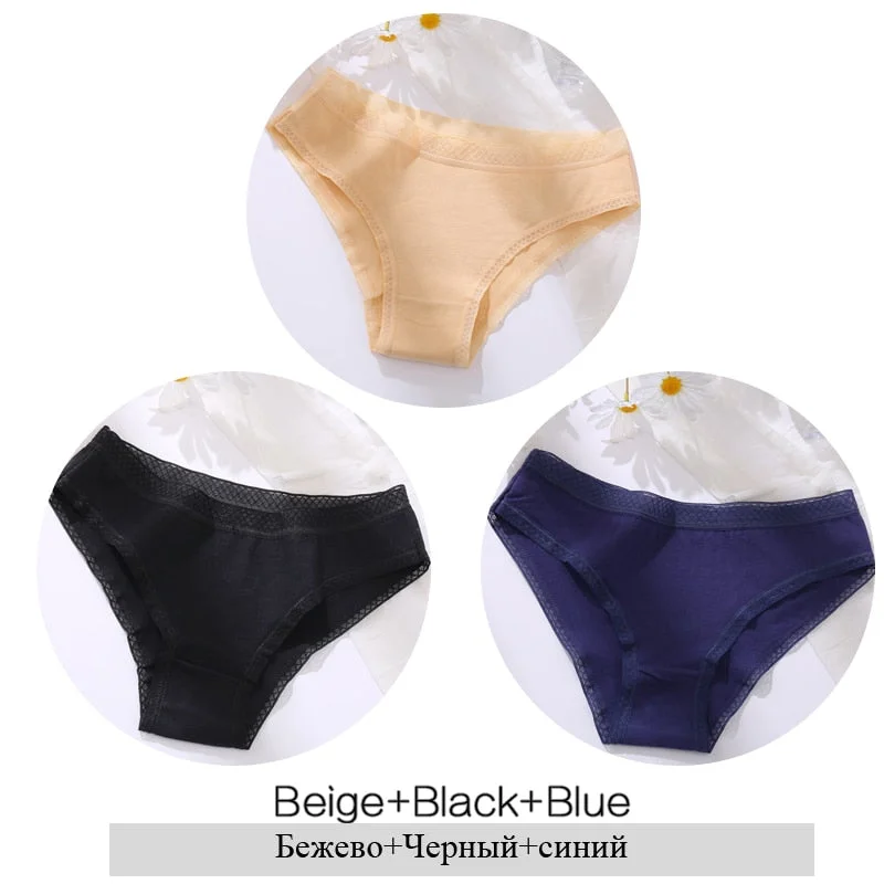 FINETOO Women Cotton Panties Sexy Lace Briefs 3Pcs/set Ladies Low Waist Underpants Comfortable Girls Underwear M-2XL Lingerie