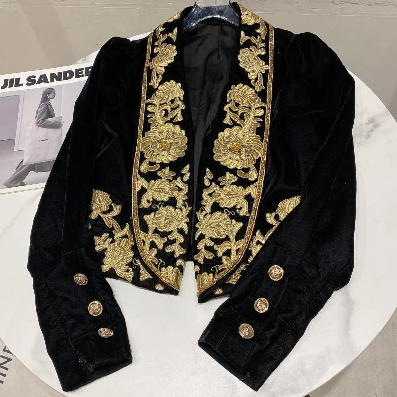 2021 autumn new black heavy industry embroidery court style velvet slim fit casual jacket