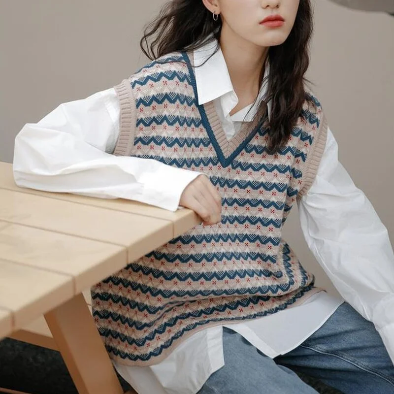 Loose Sweater Vests Women Retro Printed Comfort Students All-match Knitting Slouchy Females Daily Fashion Jumpers Ulzzang Chic