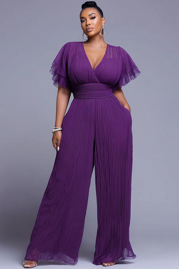 Xpluswear Design Plus Size Business Casual Purple V Neck Short Sleeve Pleated Pocket Chiffon Jumpsuits [Pre-Order] 2024 - Xpluswear