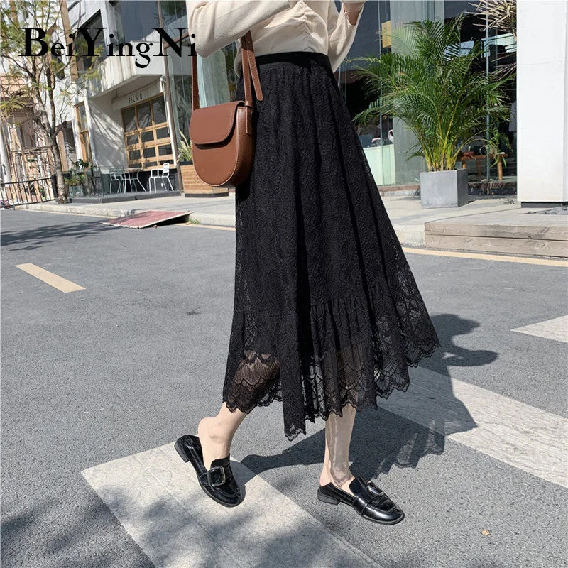Beiyingni 2019 Fashion Midi Women's Skirt Hollow Out Lace Korean Casual A Line Skirt Simple Long Elegant Street OL Faldas Mujer