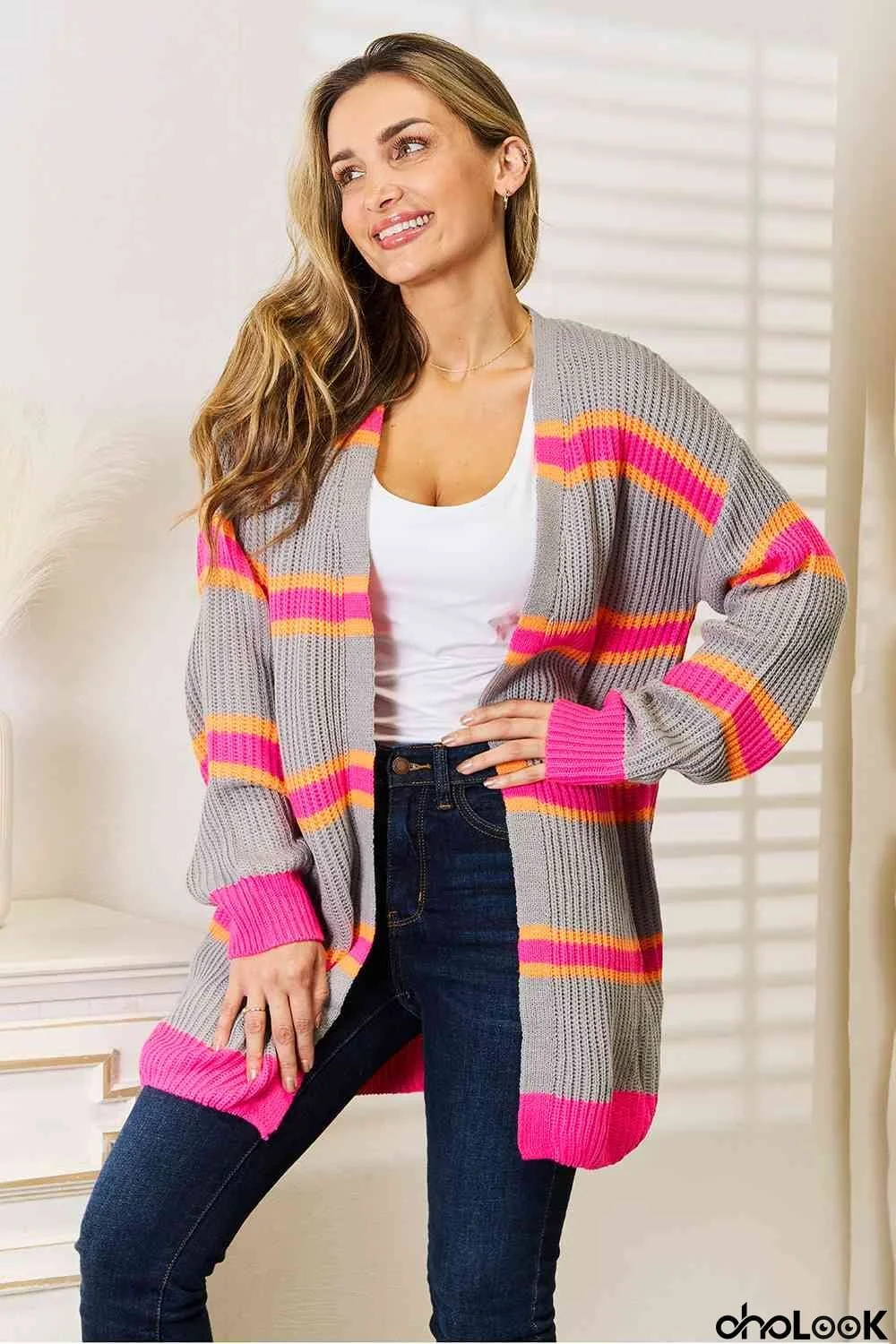 Woven Right Ribbed Long Sleeve Cardigan