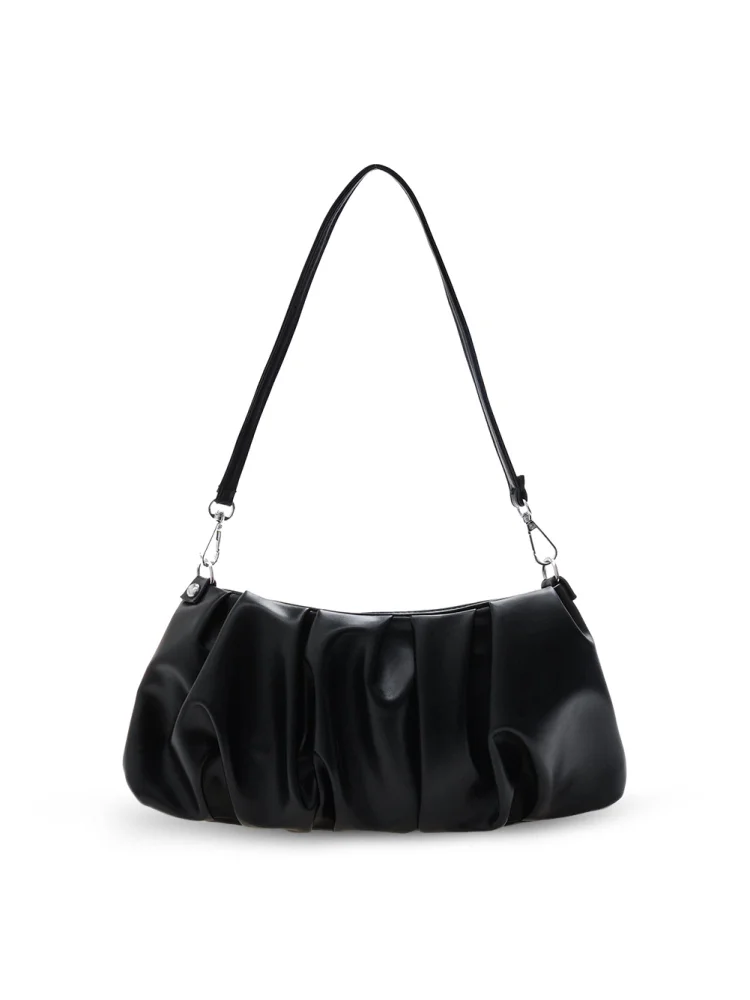 Pleated Shoulder Handbag Women Solid PU Elegant Underarm Cloud Bag (Black)