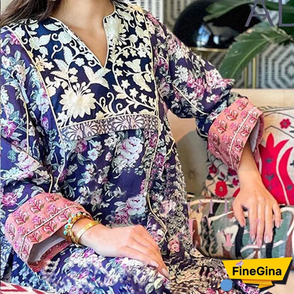 V Neck Flower Printed Long Sleeve Maxi Dress