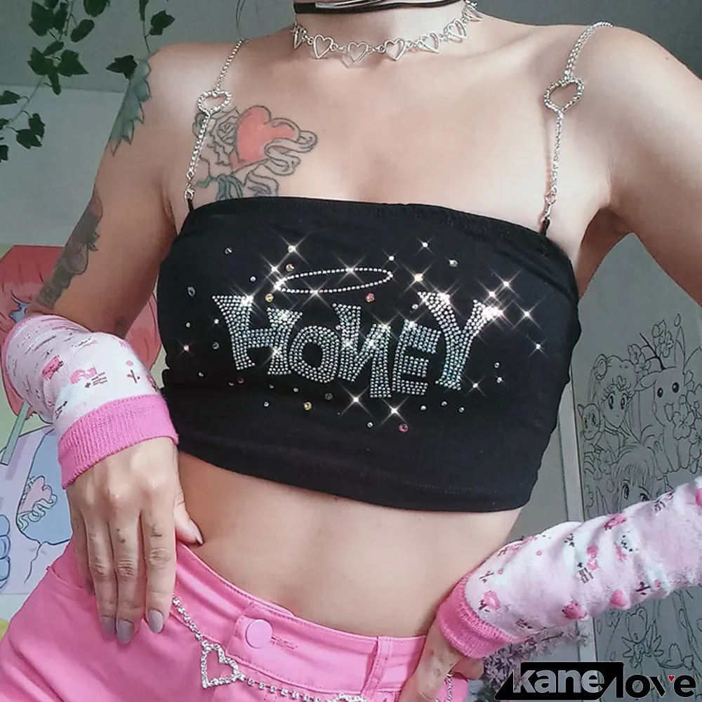 Women Spring Sexy Letter Rhinestone Slim straps Top
