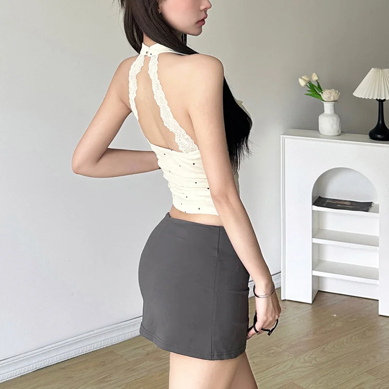 Uveng 2024 Summer New Women's Clothing Pure Lust Wind Collar Hanging Neck Elegant Wave Dot Small Vest