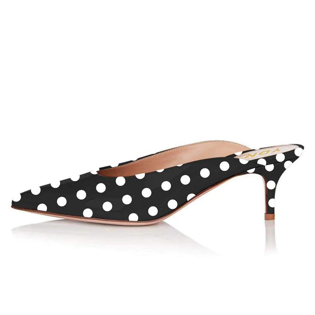Black & White Pointed Toe Slip-On Mule Heels with Polka Dots