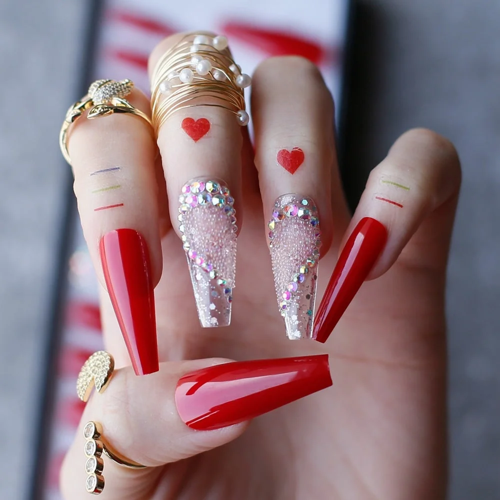 Valentine nails Luxury Coffin Love nails Red Acrylic False nails Logo customization Pink caviar AB Glitter transparent nail gel-Nail Inspo
