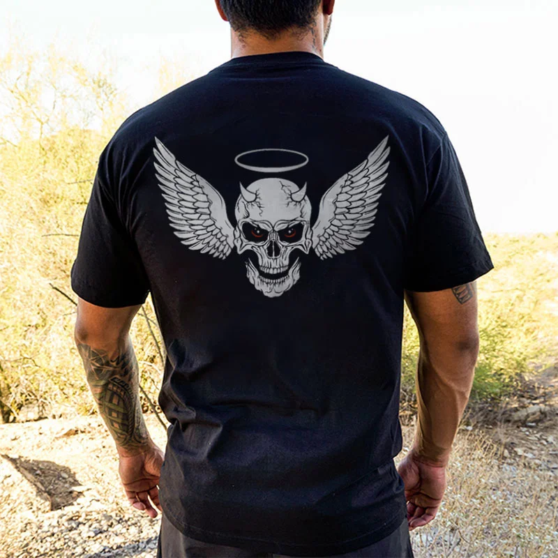 Skull with Wings Circle Graphic Casual Black Print T-shirt