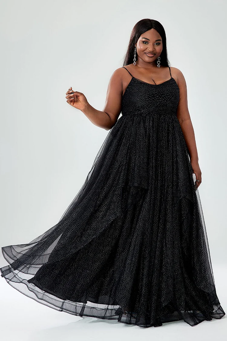 Xpluswear Design Plus Size Formal Dress Black Cami Mesh Tulle Asymmetrical Maxi Dress Pre Order