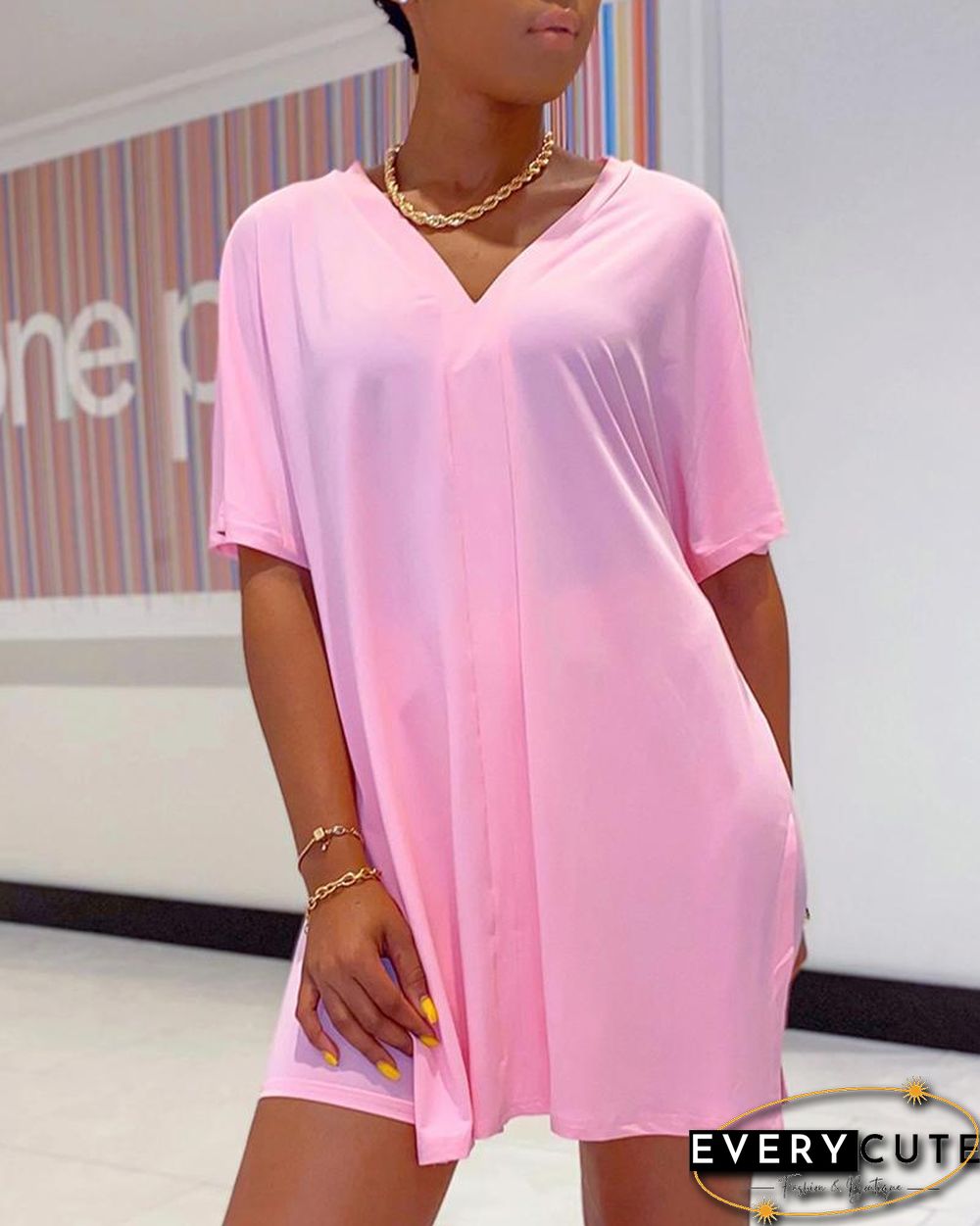 Batwing Sleeve Slit Top & High Waist Shorts Set P10161