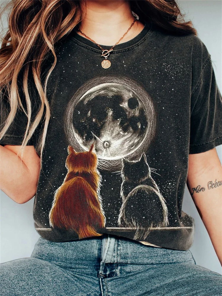 T-Shirt mit verwaschenem Vintage-Motiv „Cats &amp; the Moon“-Grafik