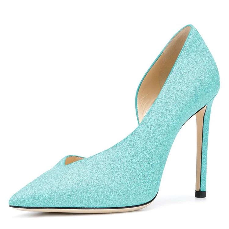Women's Cyan Pointy Toe Stiletto Heels Glitter Shoes |FSJ Shoes
