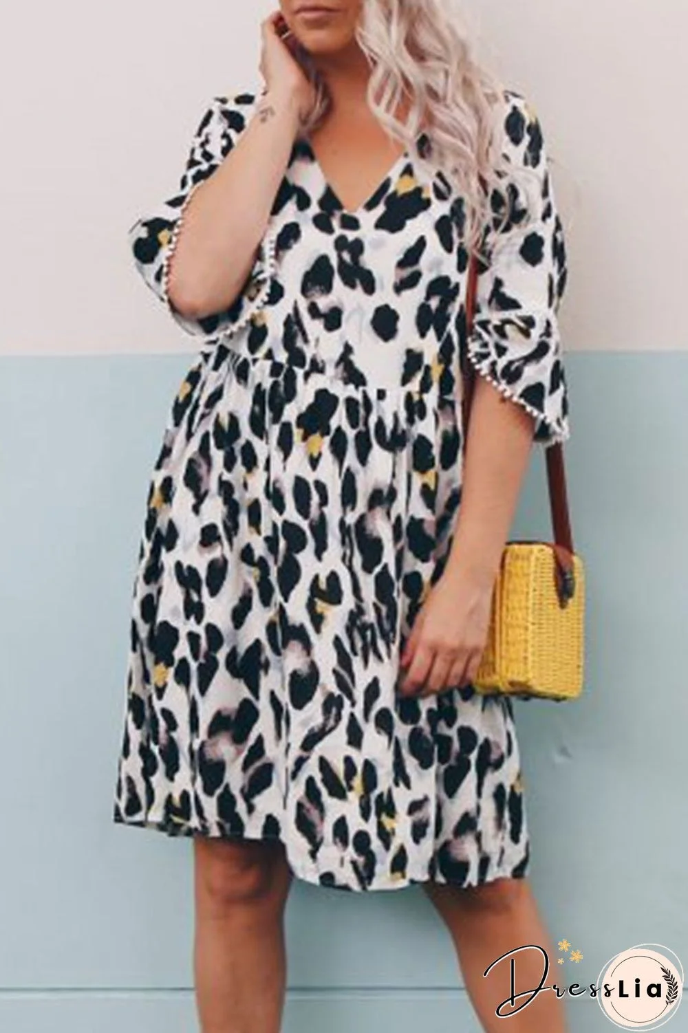 V Neck Leopard Printed Knee Length A Line Dress