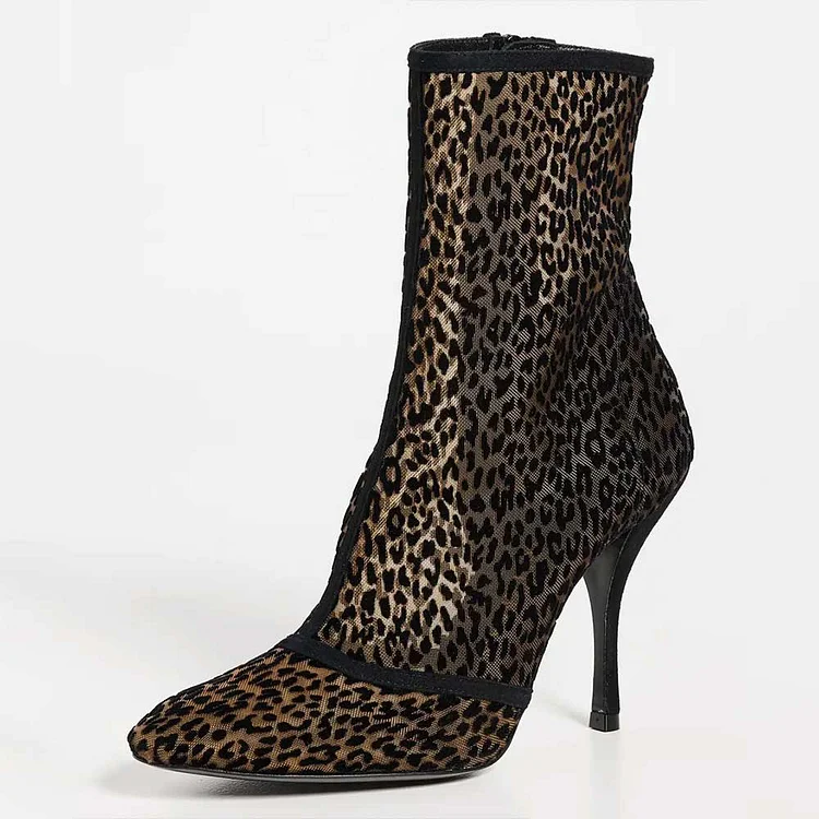 Leopard Print Mesh Stiletto Heel Side-Zipper Ankle Boots for Women |FSJ Shoes
