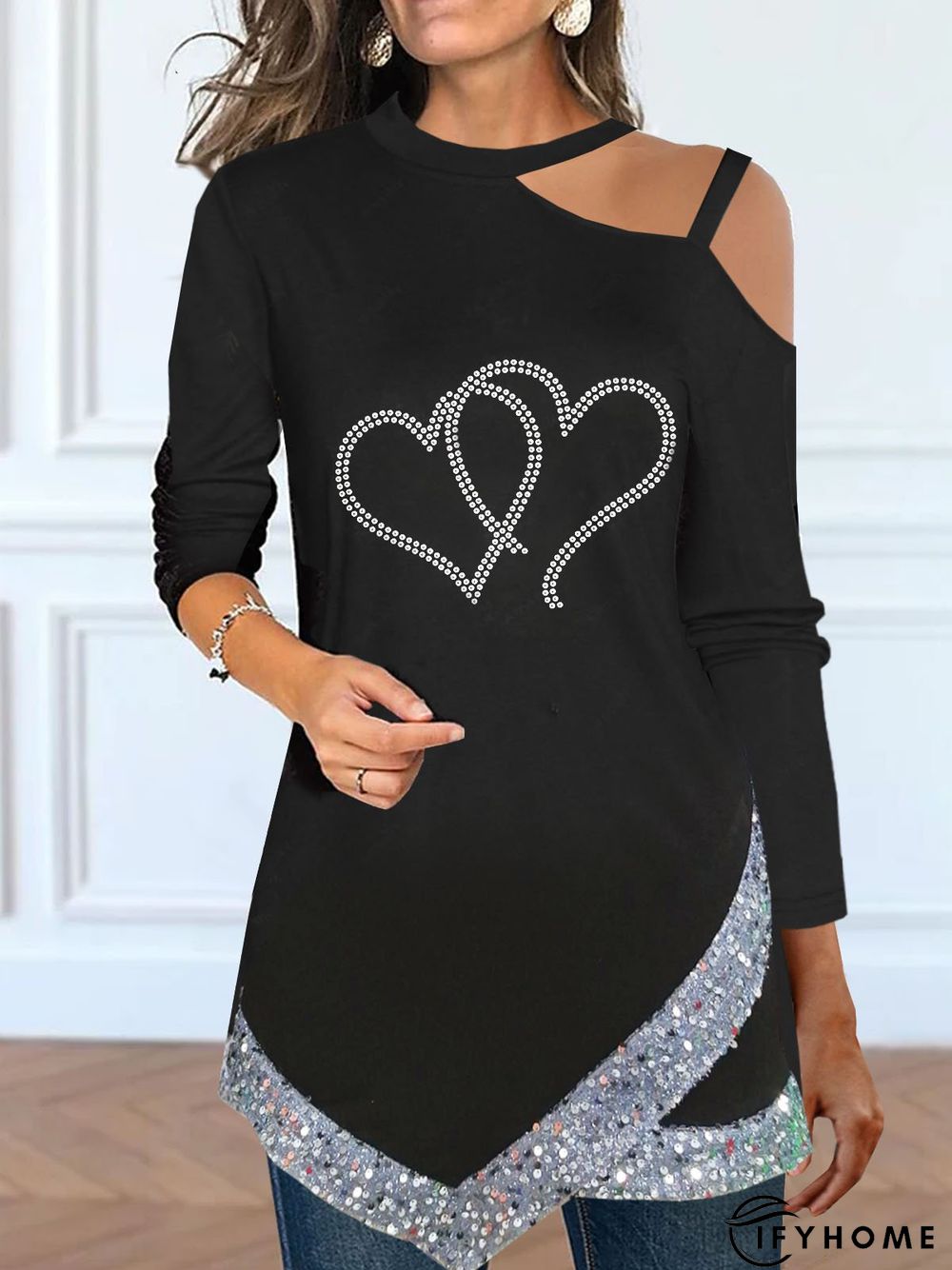 Heart/Cordate Glitter Casual Hollow Out Cold-shoulder Tunic Top | IFYHOME