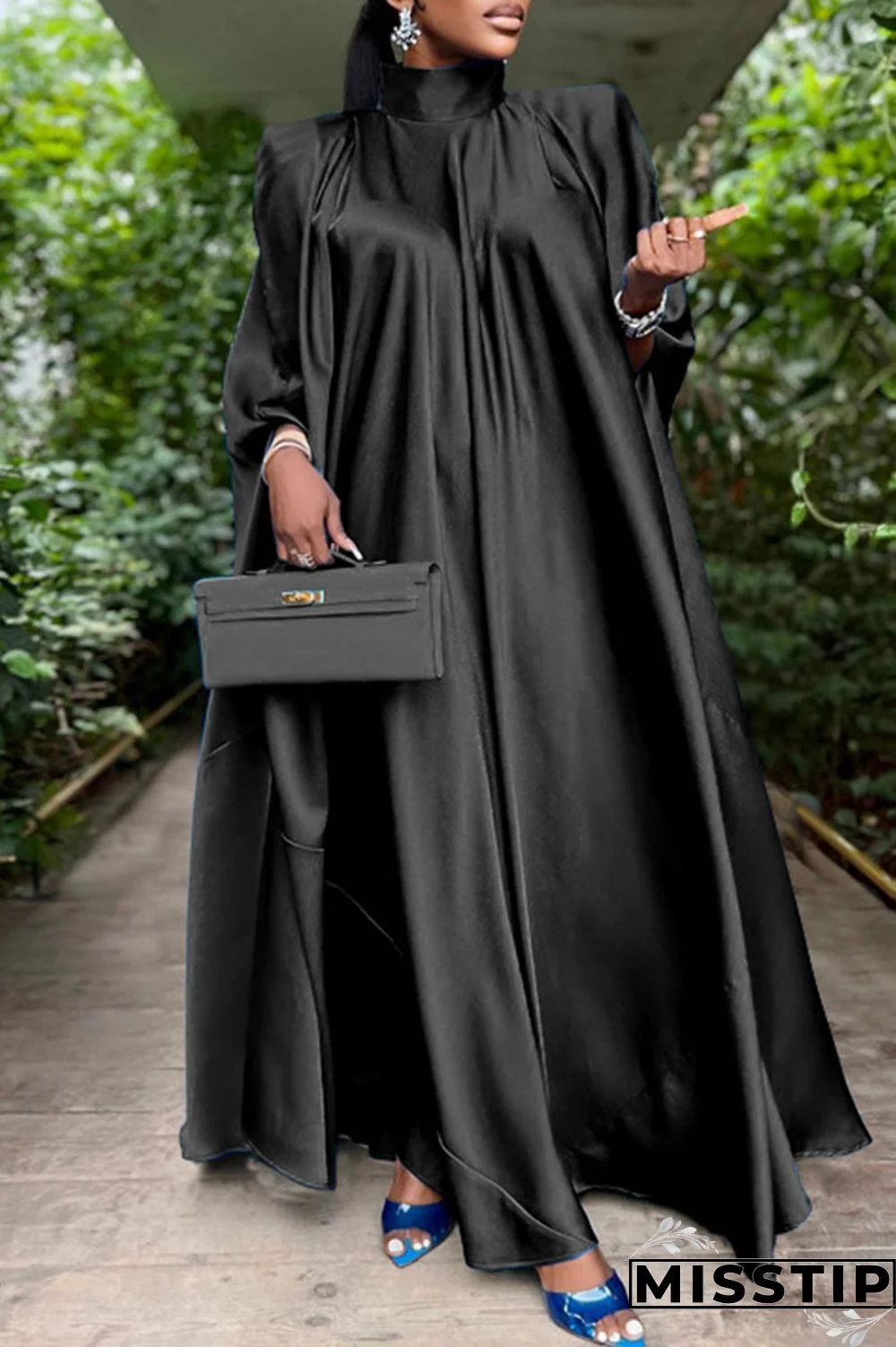 Blue Casual Solid Patchwork Turtleneck Straight Dresses