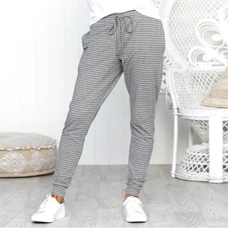 Pantaloni casual pentru femei, cu dungi și elastic în talie