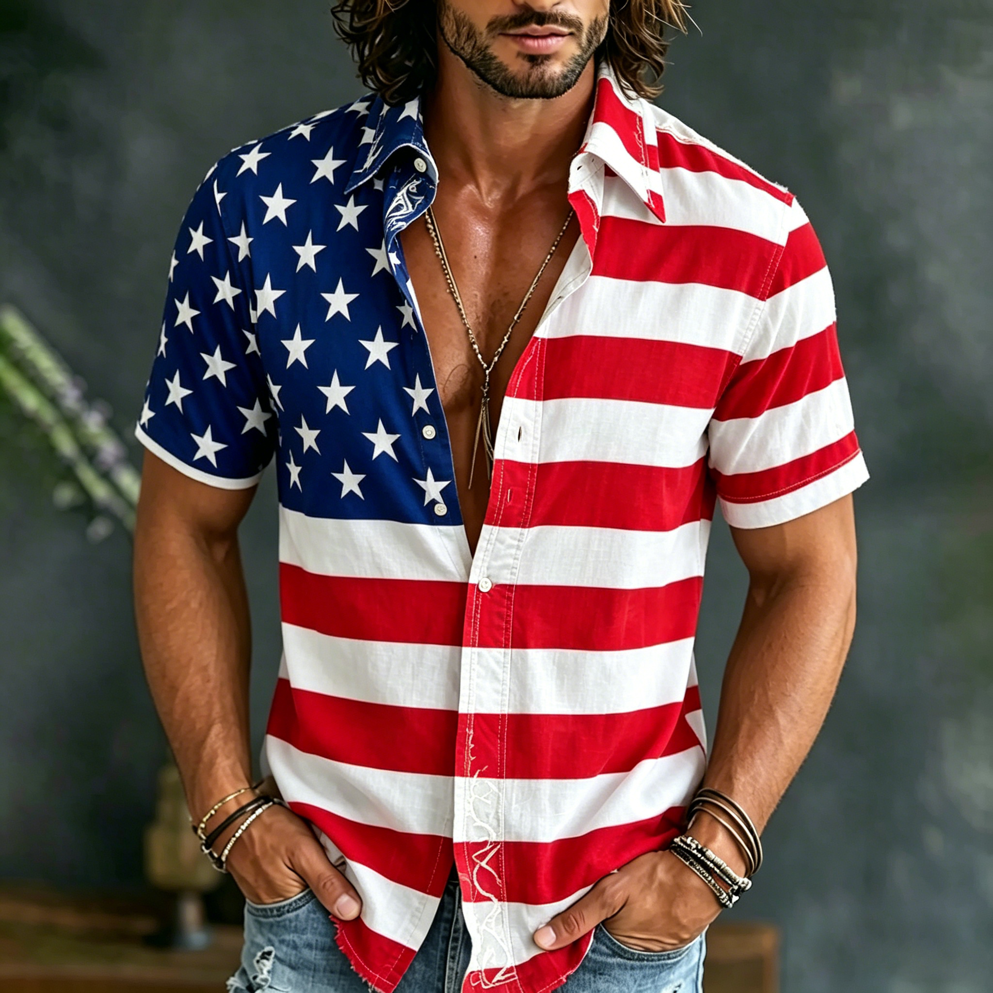 Comstylish Men's Vintage Flag Art Print Flowy Linen Blend Short Sleeve Shirt