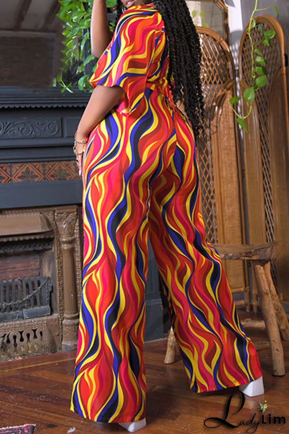 Red Fashion Casual Print Split Joint V Neck Regular Jumpsuits