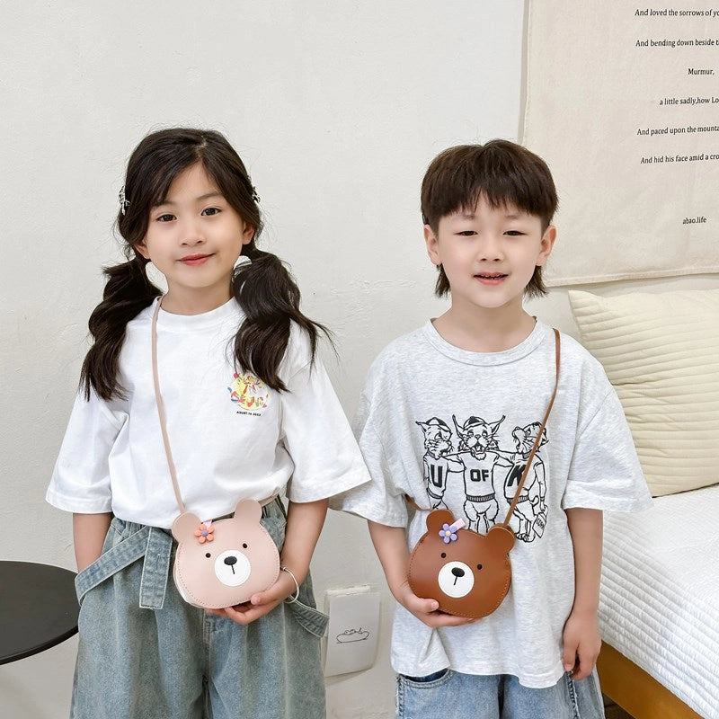 Kid’S Small Pu Leather Little Bear Cute Round Zipper Crossbody Bag