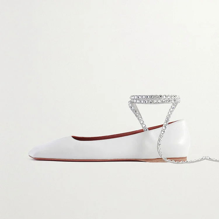 Elegant White Square Toe Ballet Flats Rhinestone Strappy Bridal Shoes |FSJ Shoes