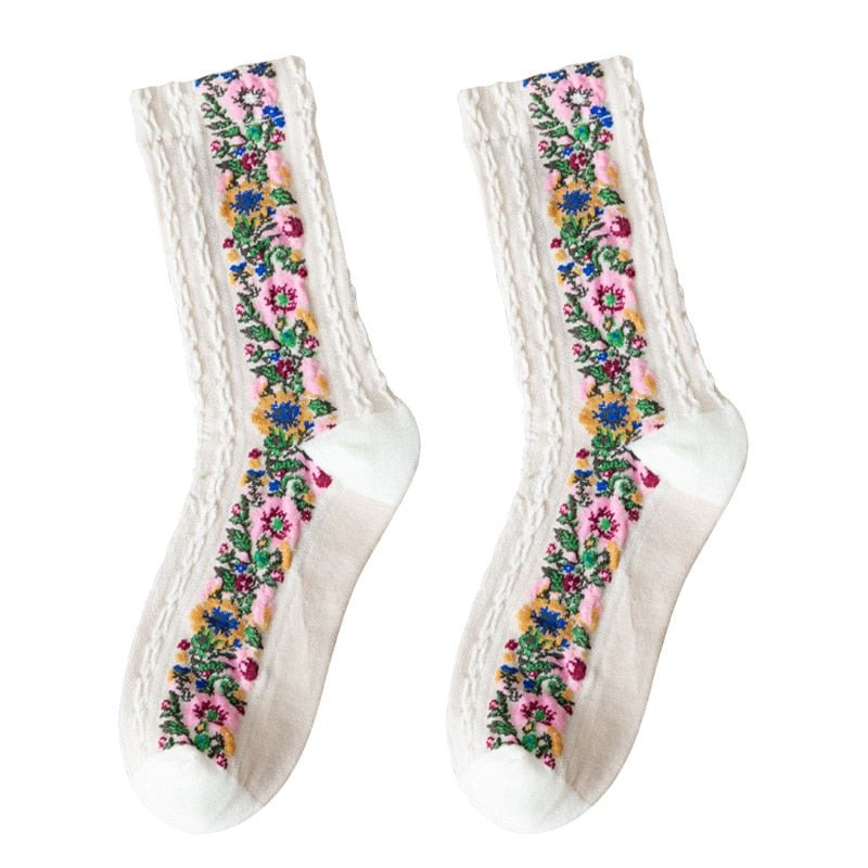 Floral Printed Woman Socks Cotton Funny Socks Fit Without Falling Winter Vintage Sleepwear Meias Harajuku Women Socks For Girls