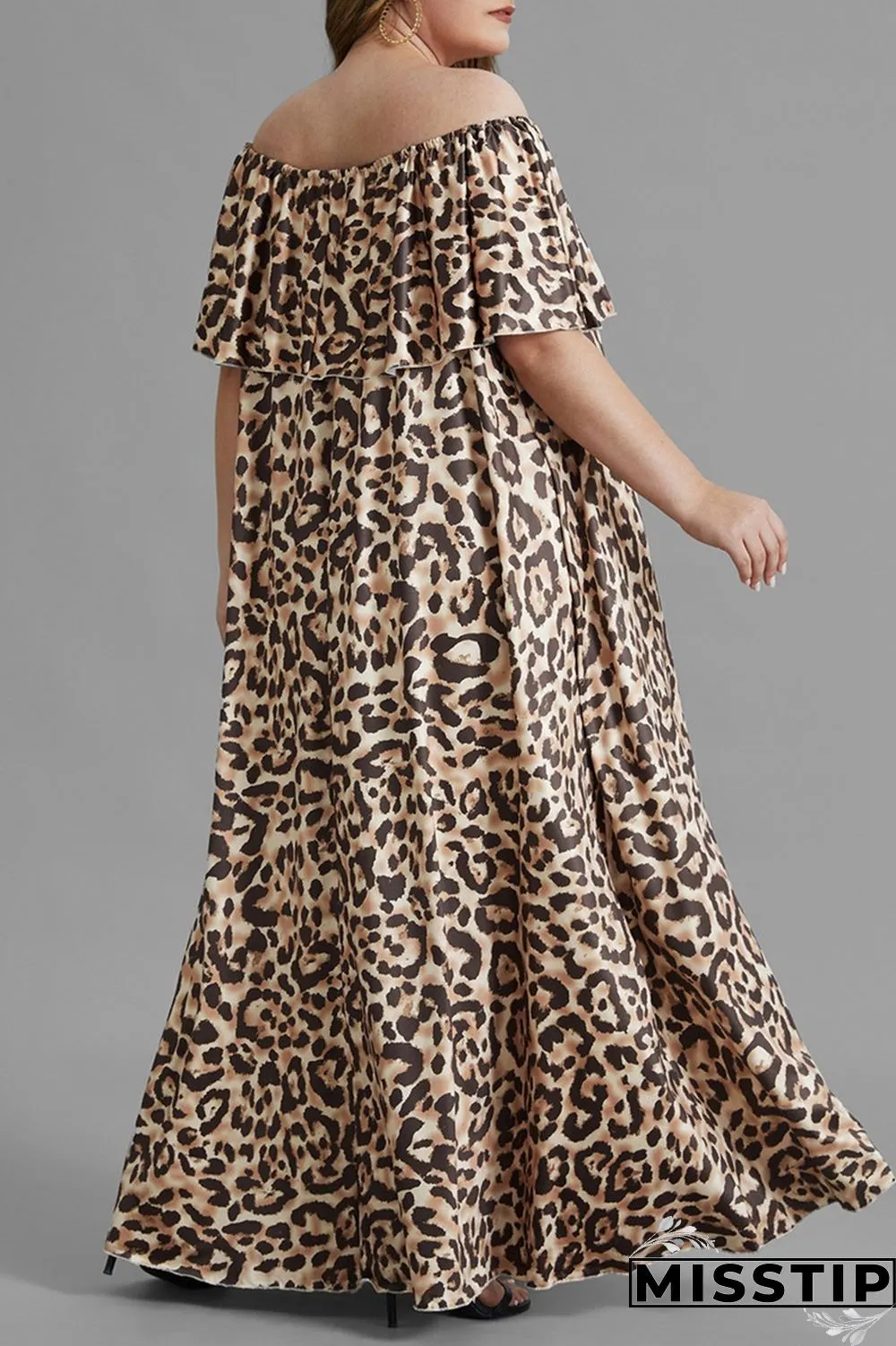 Leopard Print Fashion Plus Size Leopard Printing Off the Shoulder Short Sleeve Dress Plus Size