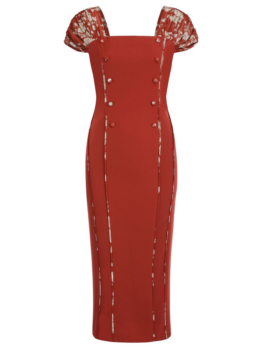 Brick Red 1960s Solid Button Pencil Dress