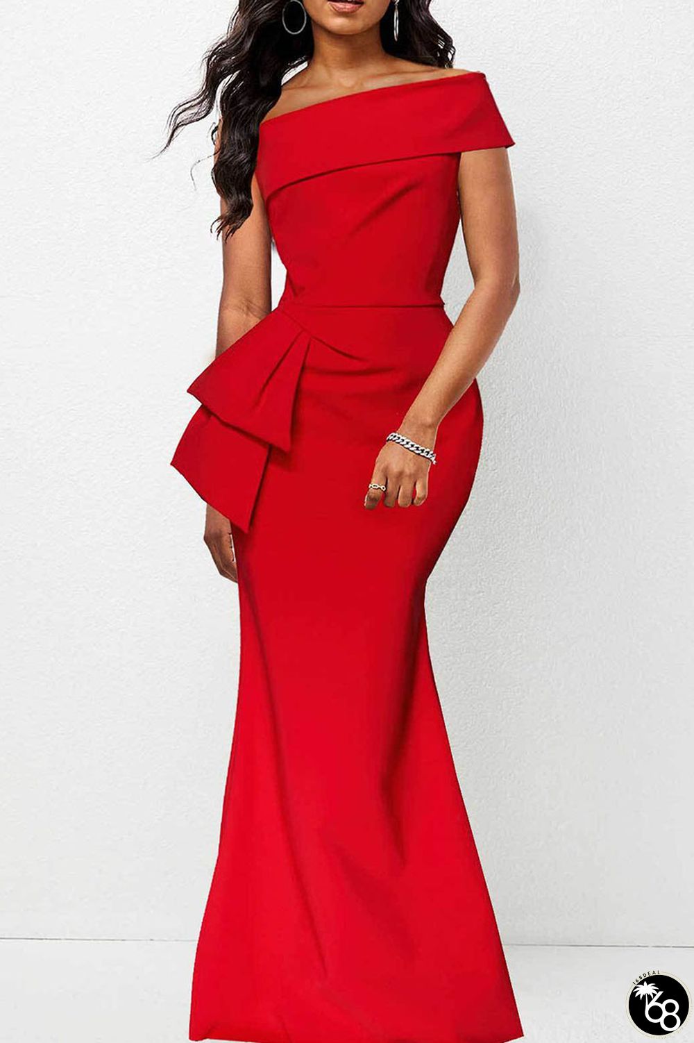 Red Sexy Solid Patchwork Asymmetrical Oblique Collar Long Dress Dresses | 168DEAL