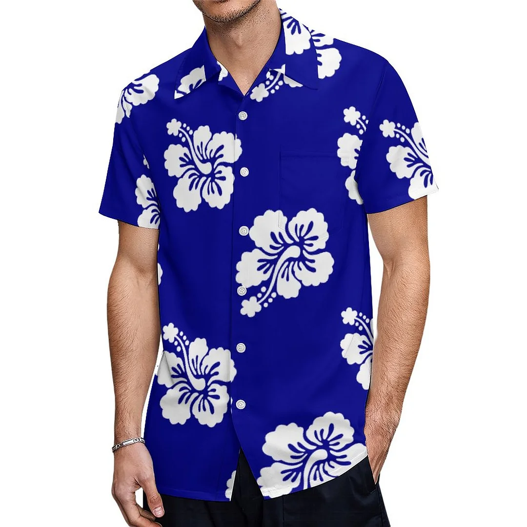 Dark Blue And White Hawaiian Floral Hawaiian Shirt Mens Button Down Plus Size Tropical Hawaii Beach Shirts