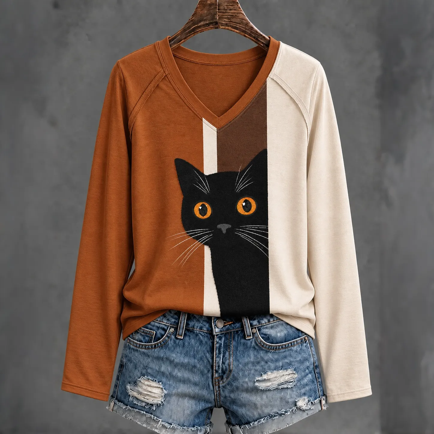 Comstylish Women's Cute Peeking Black Cat Abstract Art Print Casual Long-sleeve T-shirt