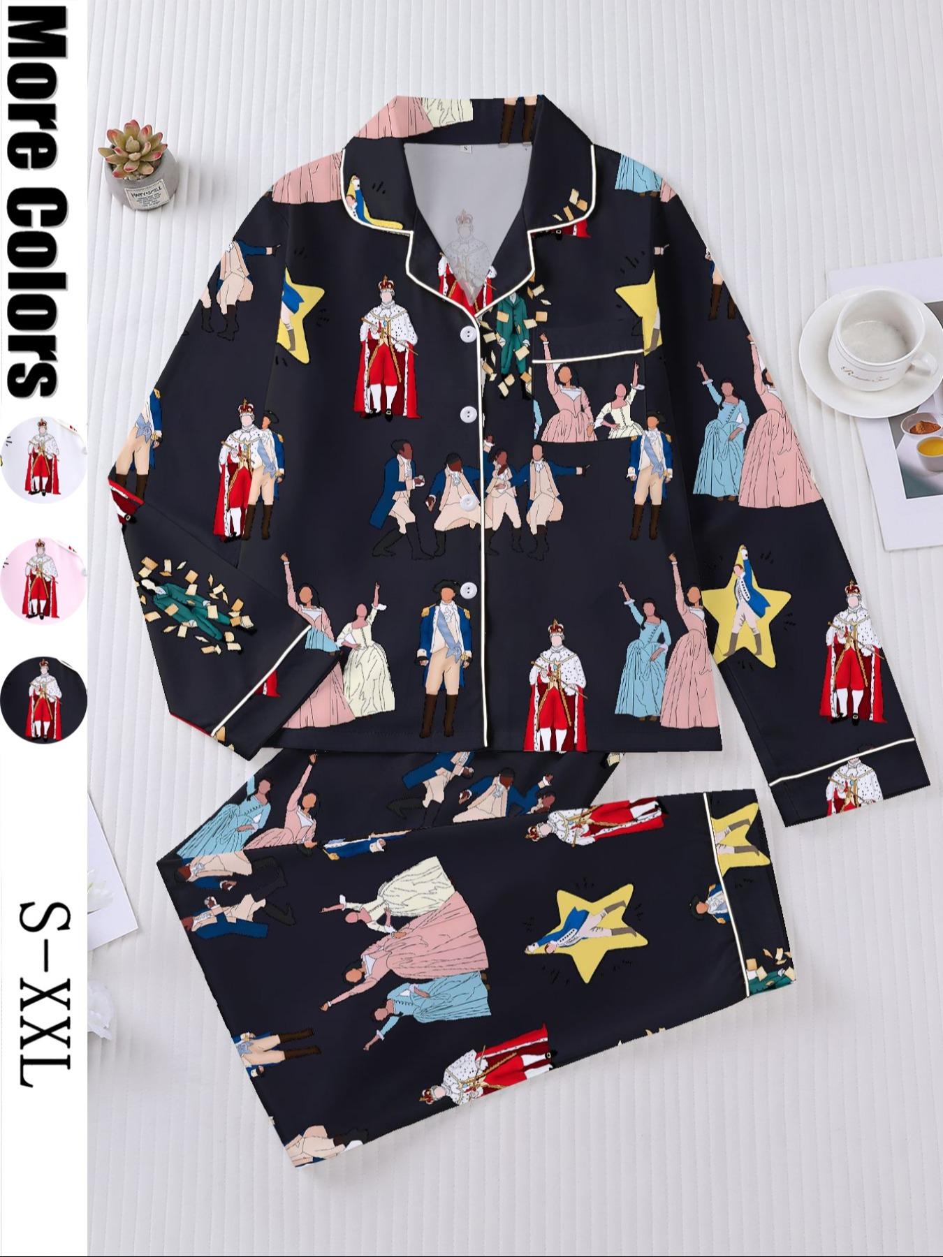 Hamilton Musical Print Women's Pajama Set, Long Sleeve Shirt Collar Button Soft Top & Elastic Pants, Casual Home Wear Loungewear Homewear