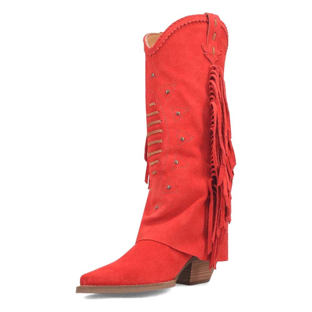 Red Almond Toe Studded Stitching Fold Over Cowgirl Boots with Fringe