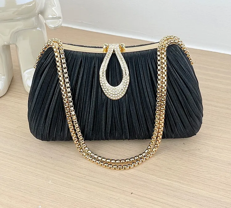 Women's Pleated Evening Clutch &ndash; Teardrop Buckle Chain Bag, Elegant Party Wedding Shoulder Bag
