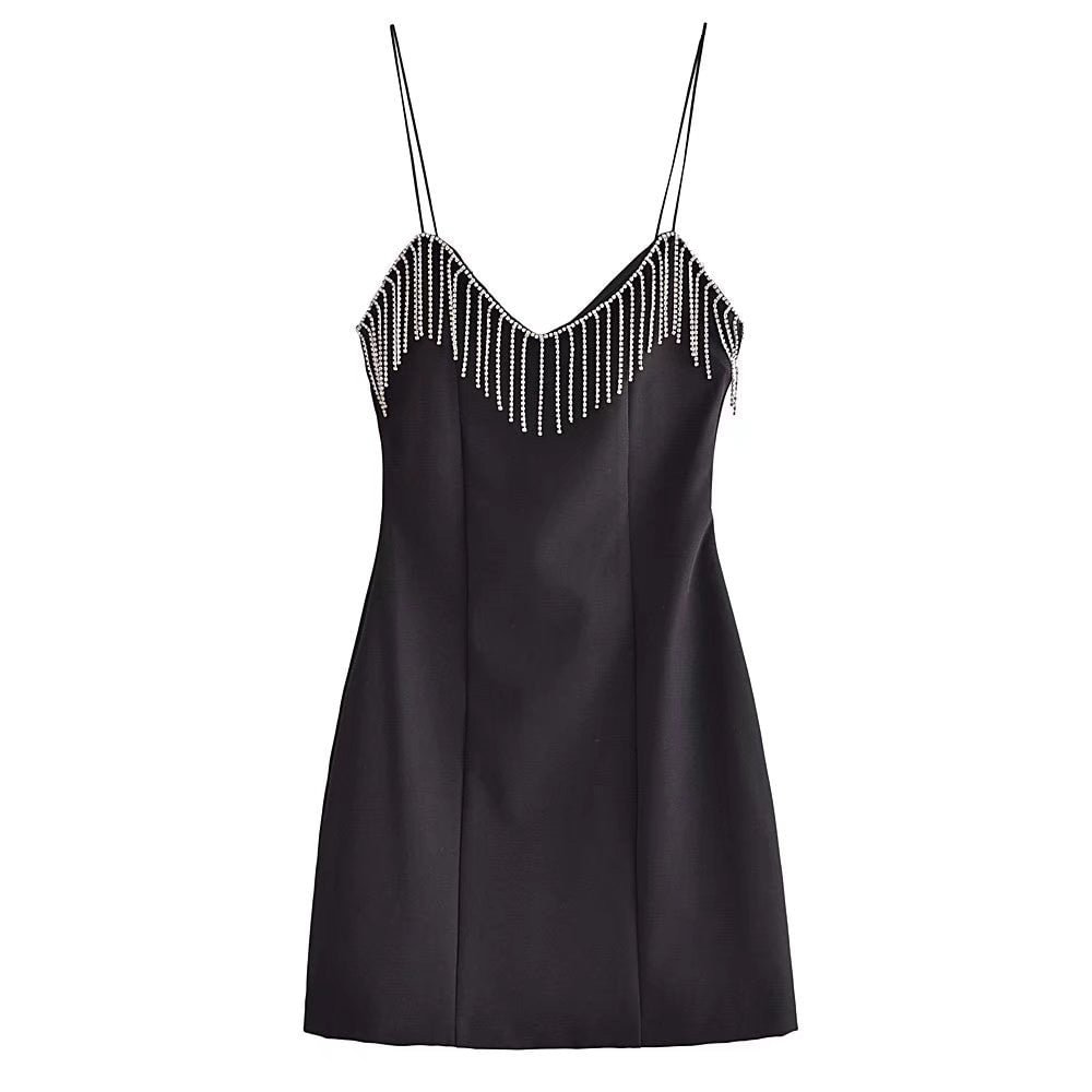 TRAF Women Chic Fashion With Rhinestone Fringe Mini Dress Vintage Backless Zipper Thin Straps Female Dresses Vestidos Mujer
