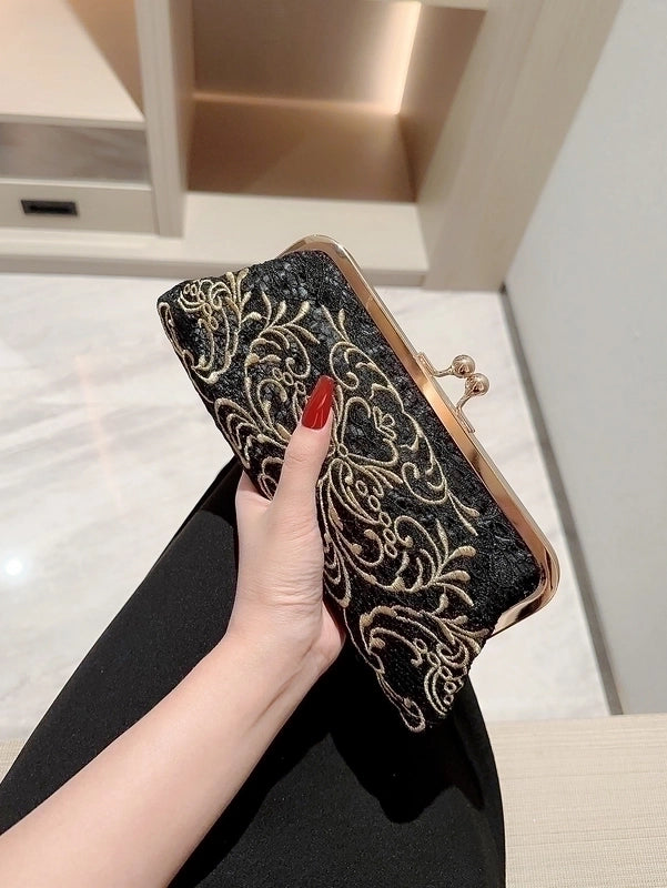 Black Polyester Geometric Embroidery Evening Bags