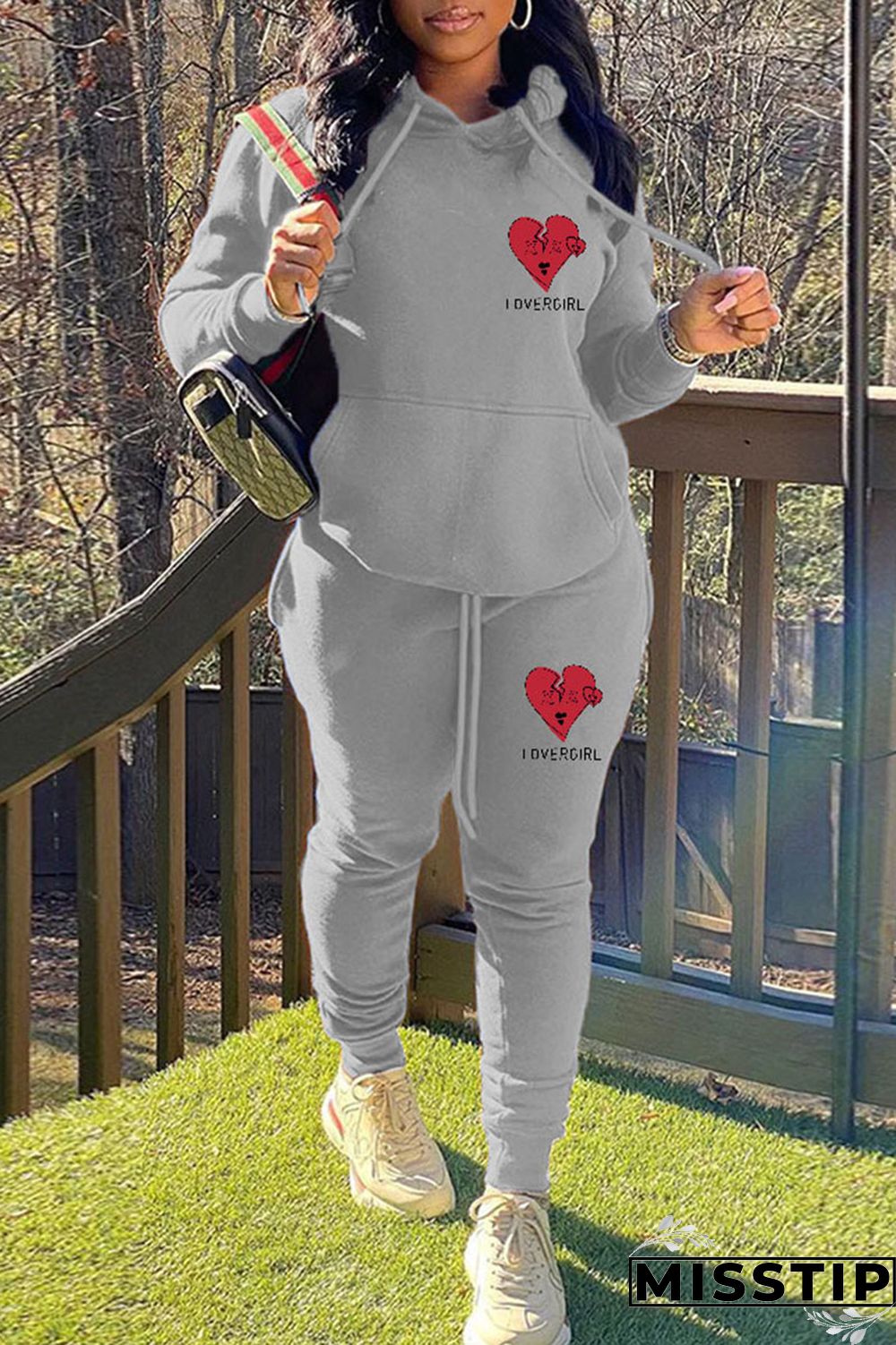 Black Casual Print Patchwork Hooded Collar Long Sleeve Two Pieces